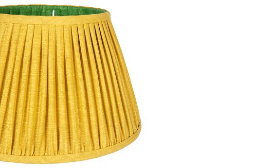 Side Detail Lemon Yellow Soprano Linen outside with Green Soprano Linen Lining 14"Pleated Lampshade in Soprano Linen Fabric by Christopher Farr Cloth