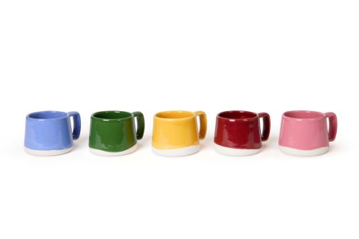 Vorster & Braye Ceramic Mugs in five colours – Pink, Green, Yellow, Blue, and Red – displayed side by side