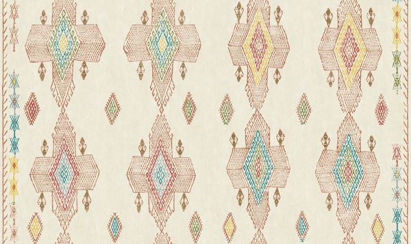 Geometric shapes in terracotta tones with accents of blues, yellows and reds.
